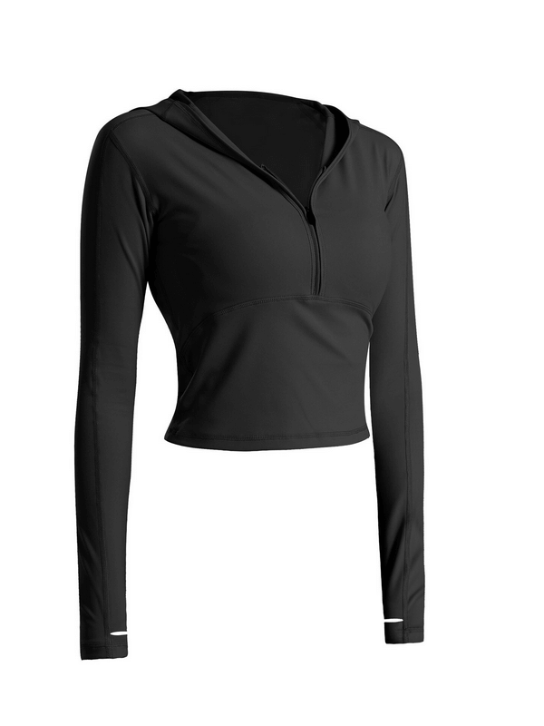 Stylish women's sports top with long sleeves and hood, perfect for yoga. Made of breathable, quick-dry nylon and spandex fabric.